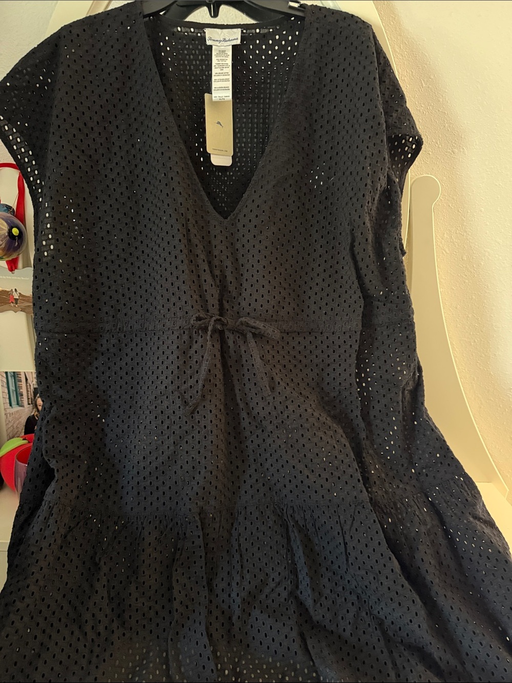 😎Tommy Bahama Black Eyelet V-Neck Tie-Waist Dress😎